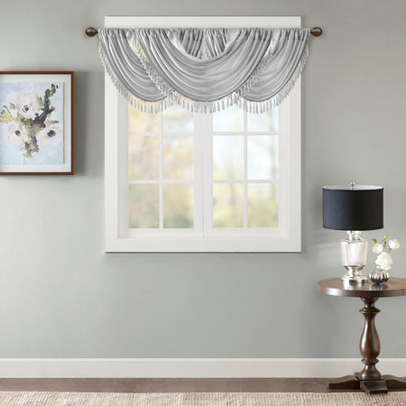 Madison Park Elena Faux Silk Waterfall Embellished Valance - Silver - 38x46"