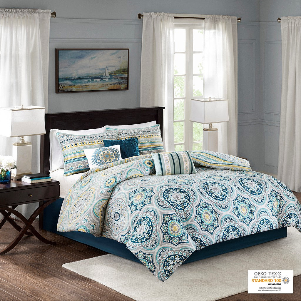 Madison Park Mercia 7 Piece Reversible Cotton Sateen Comforter Set - Teal - King Size