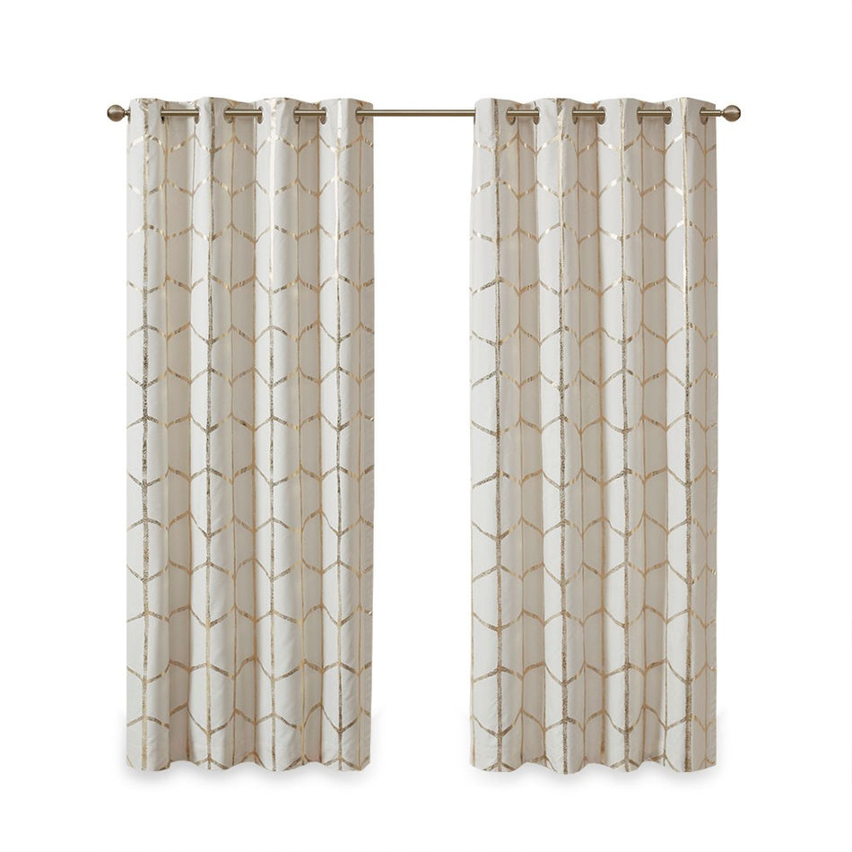 Raina Total Blackout Metallic Print Grommet Top Curtain Panel - Ivory / Gold - 50x63"