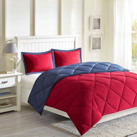 Madison Park Essentials Larkspur 3M Scotchgard Diamond Quilting Reversible Down Alternative Comforter Set - Red / Navy - Full Size / Queen Size