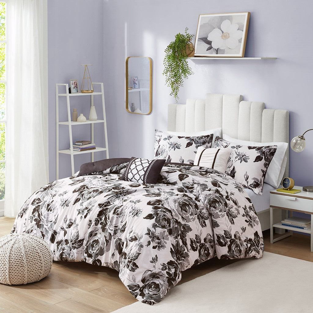 Intelligent Design Dorsey Floral Print Comforter Set - Black / White - Twin Size / Twin XL Size