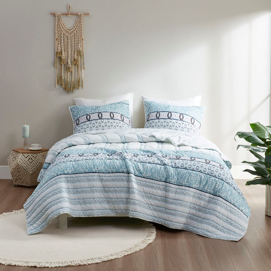 Kamila 3 Piece Reversible Cotton Coverlet Set - Blue - King Size / Cal King Size