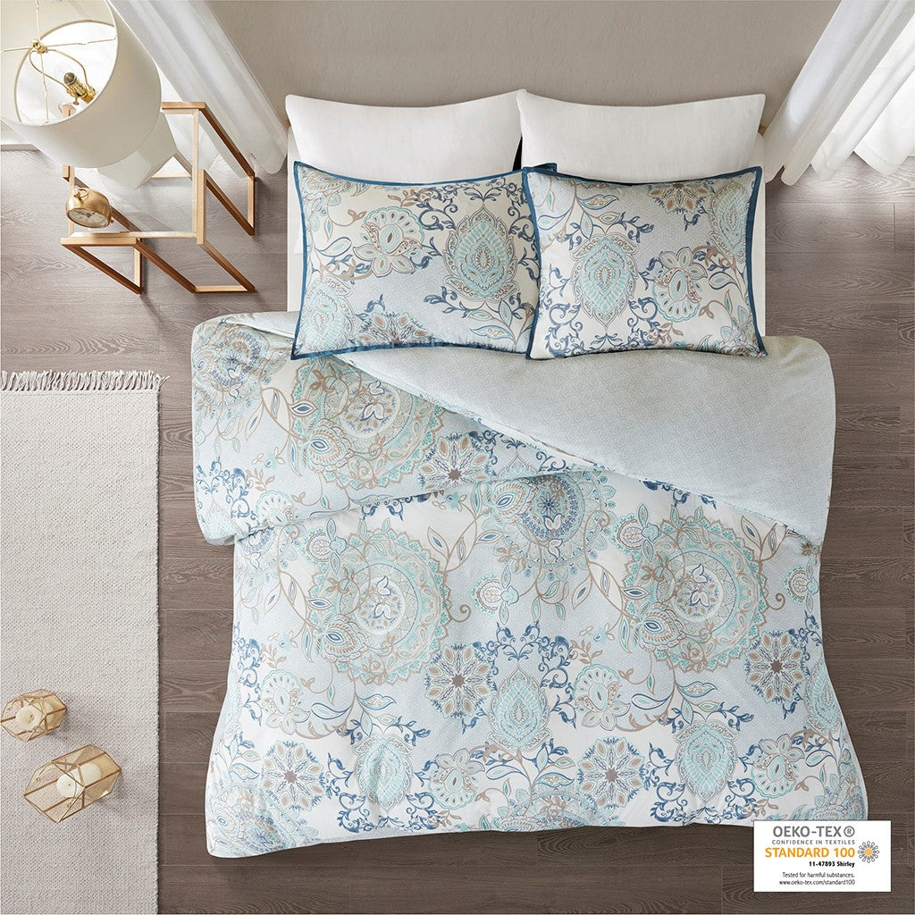 Madison Park Isla 3 Piece Cotton Floral Printed Reversible Duvet Cover Set - Blue - King Size / Cal King Size