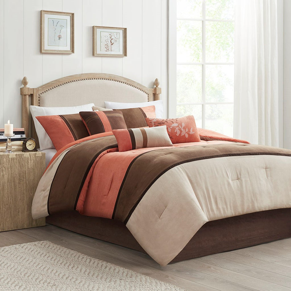 Madison Park Palisades 7 Piece Faux Suede Comforter Set - Coral - Cal King Size