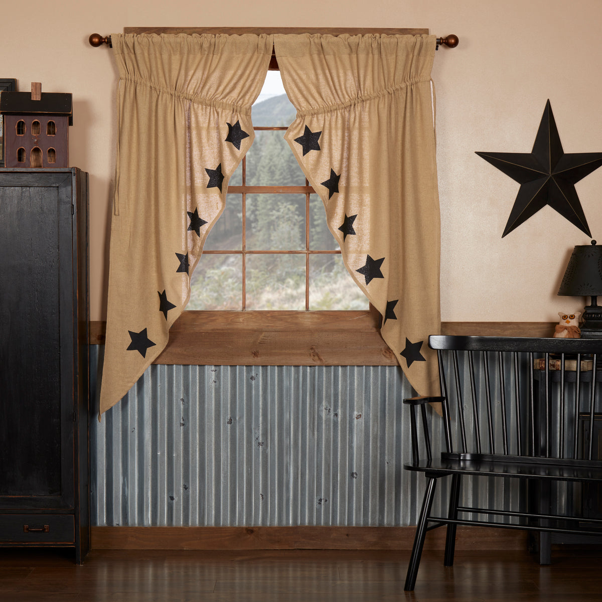 Mayflower Market Burlap w/Black Stencil Stars Prairie Short Panel Set of 2 63x36x18 By VHC Brands