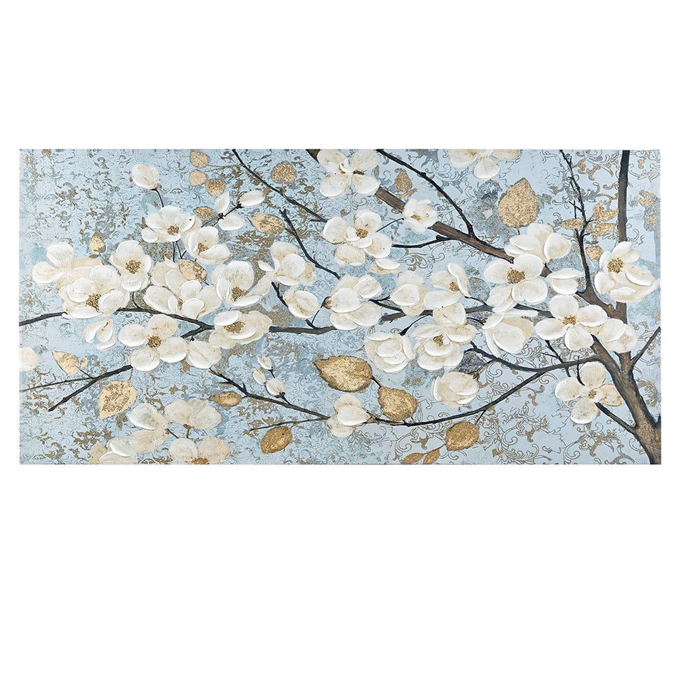 Luminous Bloom Gold Foil Floral Hand Embellished Canvas Art - Blue