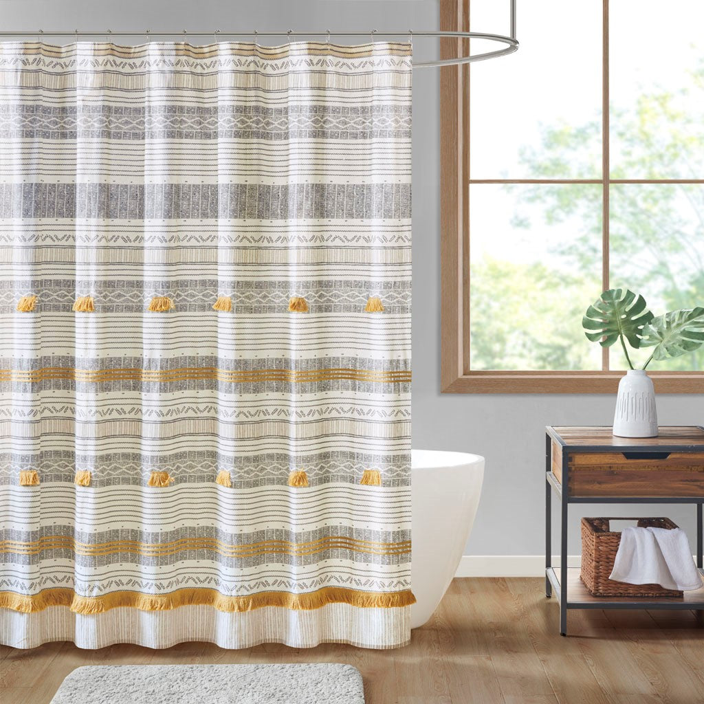 INK+IVY Cody Cotton Stripe Printed Shower Curtain with Tassel - Gray / Yellow - 72x72"