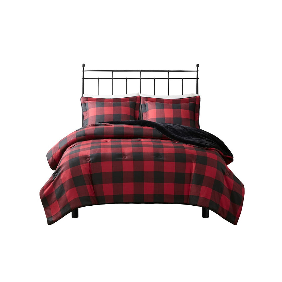 Bernston Faux Wool to Faux Fur Down Alternative Comforter Set - Red Buffalo Check - King Size / Cal King Size