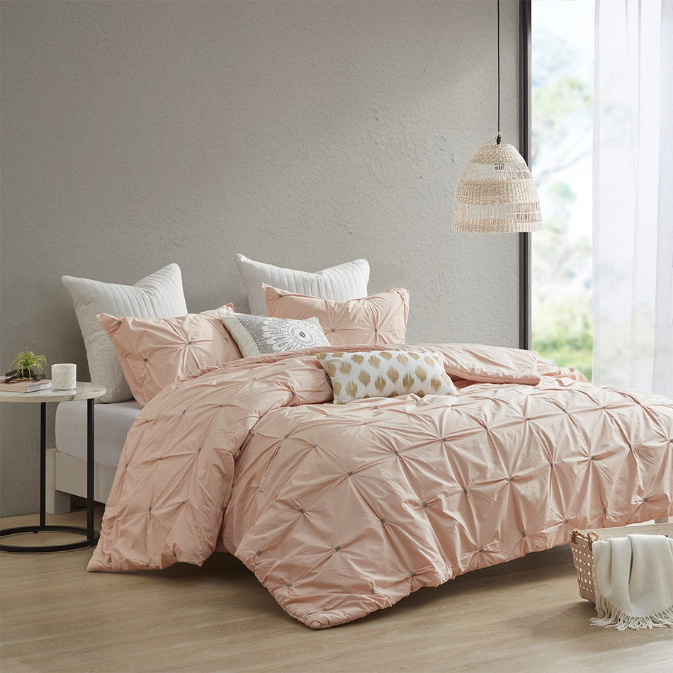 INK+IVY Masie 3 Piece Elastic Embroidered Cotton Duvet Cover Set - Blush - Full Size / Queen Size