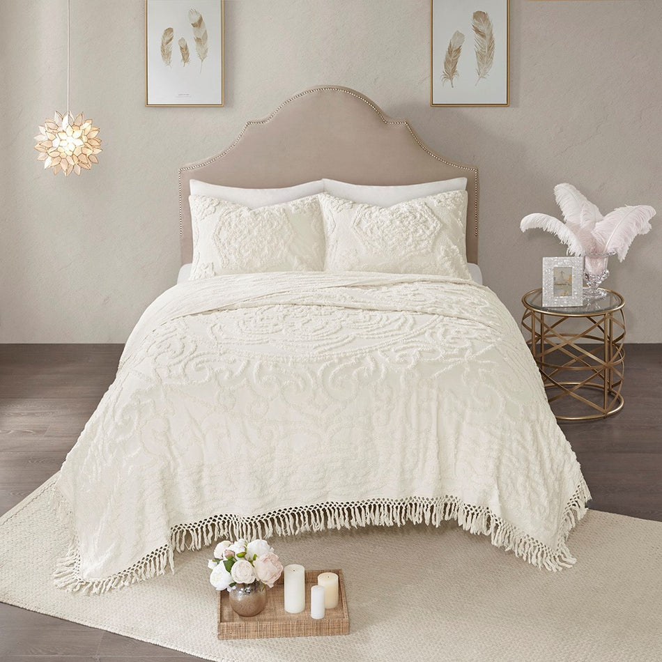 Laetitia Tufted Cotton Chenille Medallion Fringe Coverlet Mini Set - Off White - King Size / Cal King Size