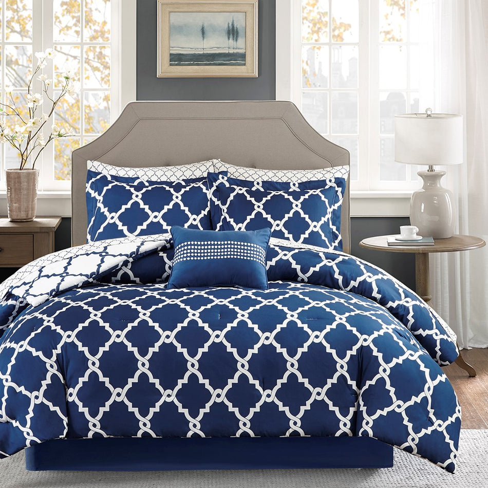 Madison Park Essentials Merritt 9 Piece Comforter Set with Cotton Bed Sheets - Navy  - King Size Shop Online & Save - expresshomedirectr.com