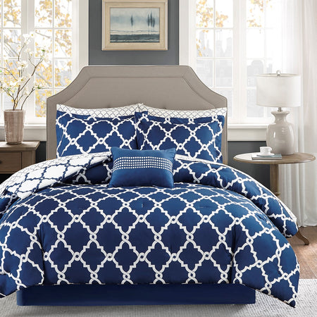 Madison Park Essentials Merritt 9 Piece Comforter Set with Cotton Bed Sheets - Navy  - Queen Size Shop Online & Save - expresshomedirectr.com