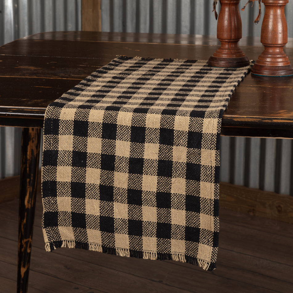 Mayflower Market Burlap Black Check Runner Fringed 13x48 By VHC Brands