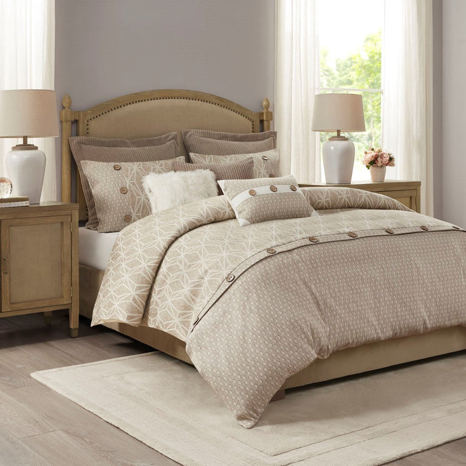 Grace 8 Piece Geometric Jacquard Comforter Set - Taupe - Queen Size