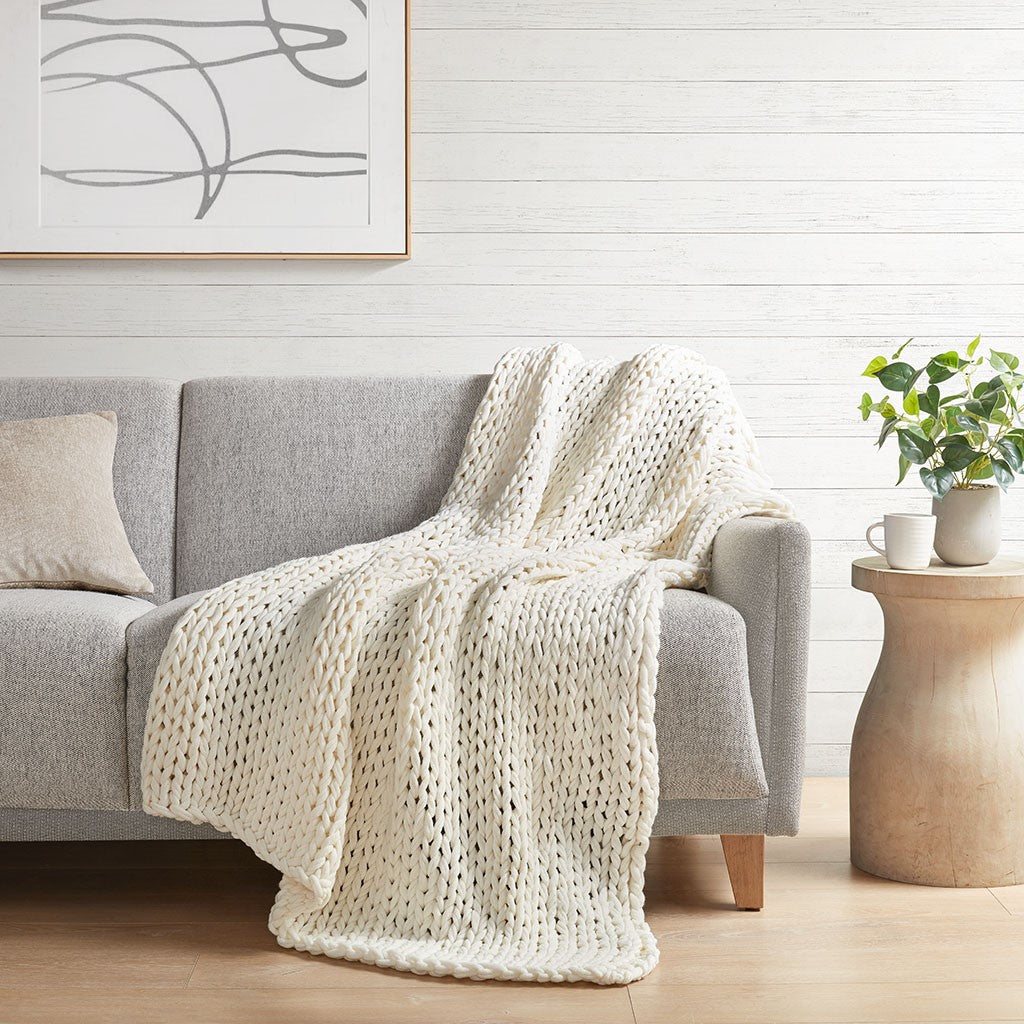 Madison Park Chunky Double Knit Handmade Throw - Ivory - 50x60"