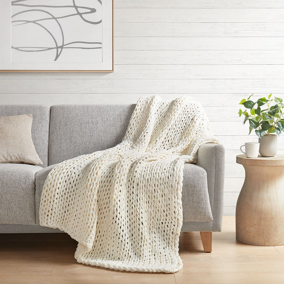 Madison Park Chunky Double Knit Handmade Throw - Ivory - 50x60"