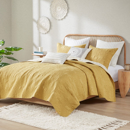 INK+IVY Kandula 3 Piece Reversible Cotton Quilt Set - Yellow - King Size / Cal King Size