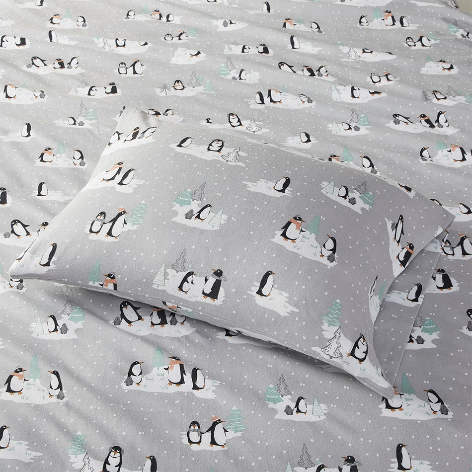 Cozy Cotton Flannel Printed Sheet Set - Grey Penguins - King Size