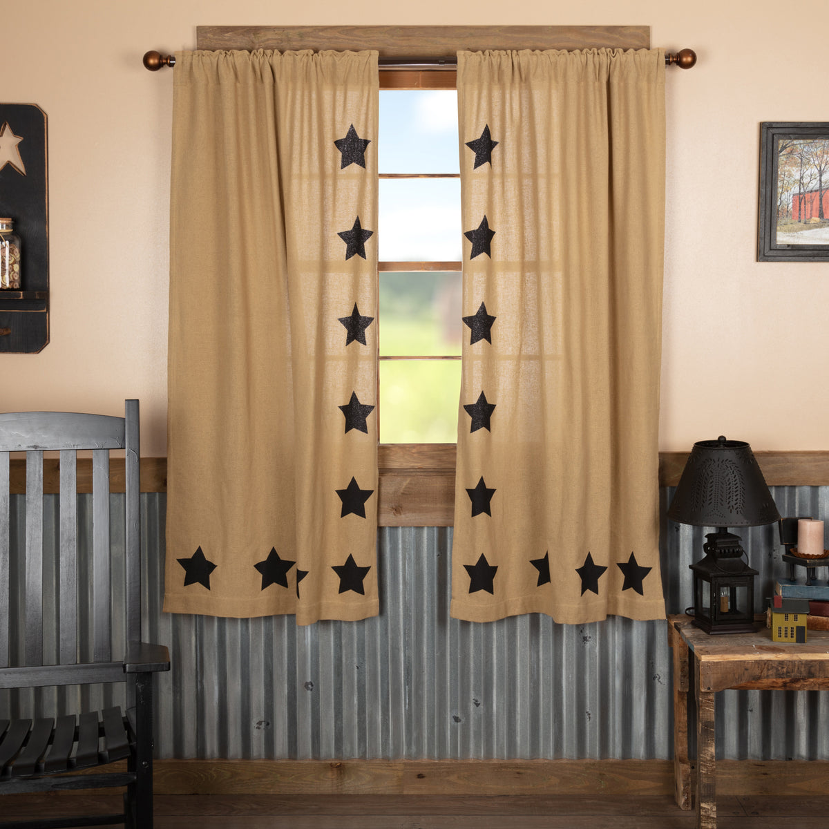 Mayflower Market Burlap w/Black Stencil Stars Short Panel Set of 2 63x36 By VHC Brands