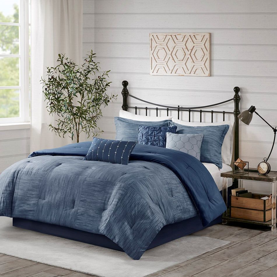 Madison Park Walter 7 Piece Printed Seersucker Comforter Set - Navy - Cal King Size