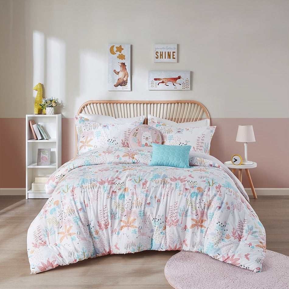 Iris Woodland Animals Cotton Reversible Comforter Set - Blush - Full Size / Queen Size