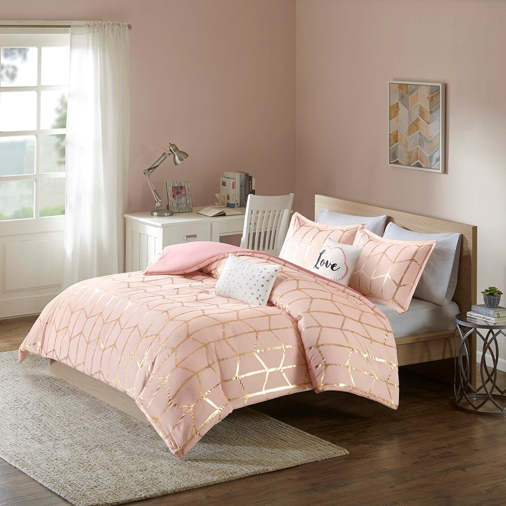 Intelligent Design Raina Metallic Printed Duvet Cover Set - Blush / Gold - Full Size / Queen Size