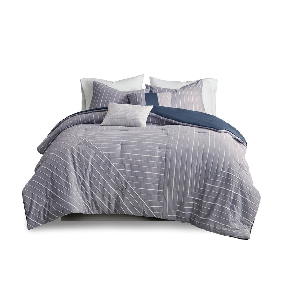 Bergen 5 Piece Cotton Rich Comforter Set - Chambray Indigo - King Size / Cal King Size