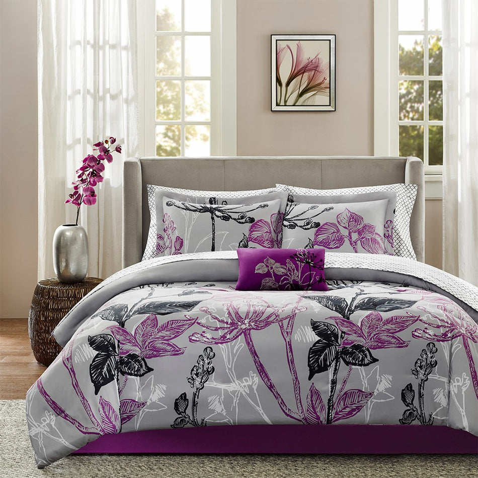 Madison Park Essentials Claremont 9 Piece Comforter Set with Cotton Bed Sheets - Purple  - Full Size Shop Online & Save - expresshomedirectr.com