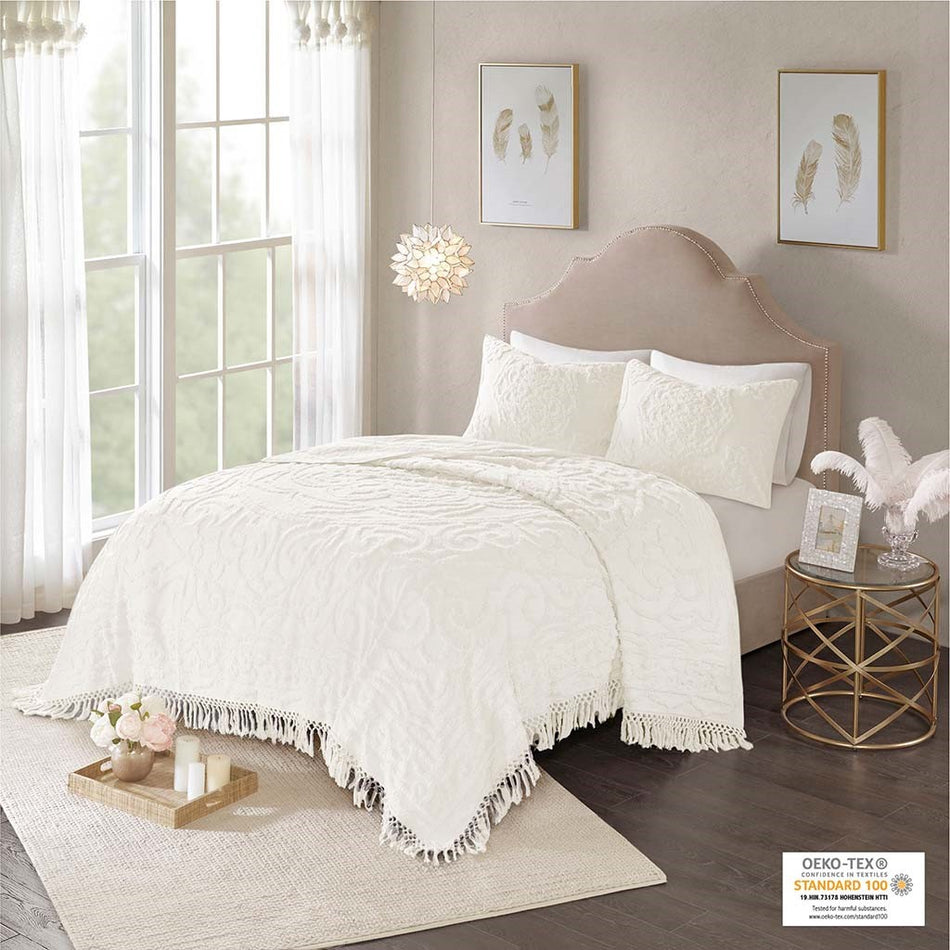 Madison Park Laetitia Tufted Cotton Chenille Medallion Fringe Coverlet Mini Set - Off White - Twin Size / Twin XL Size