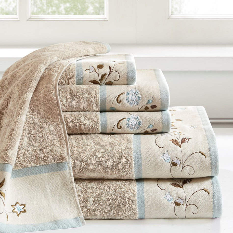 Madison Park Serene Embroidered Cotton Jacquard 6 Piece Towel Set - Blue 