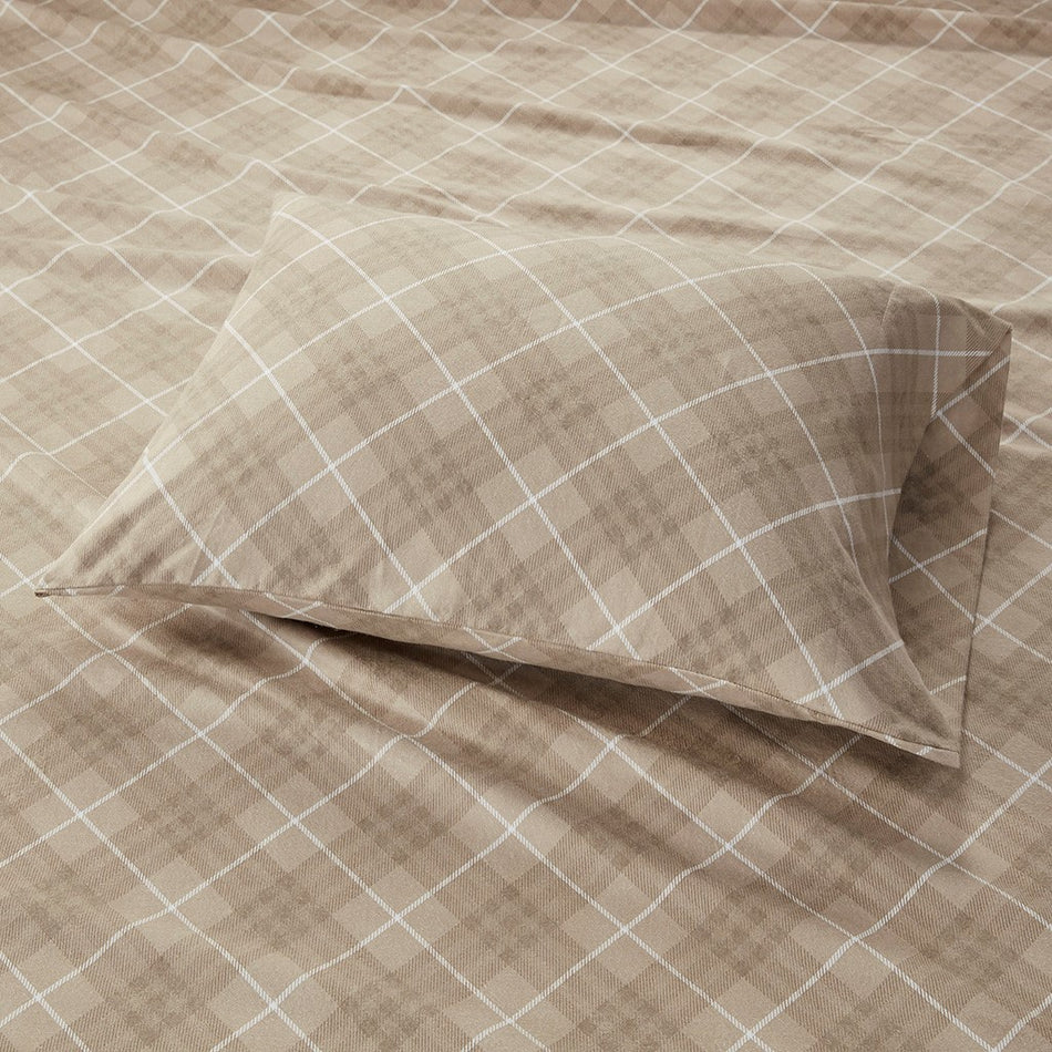 Cozy Cotton Flannel Printed Sheet Set - Tan Plaid - King Size