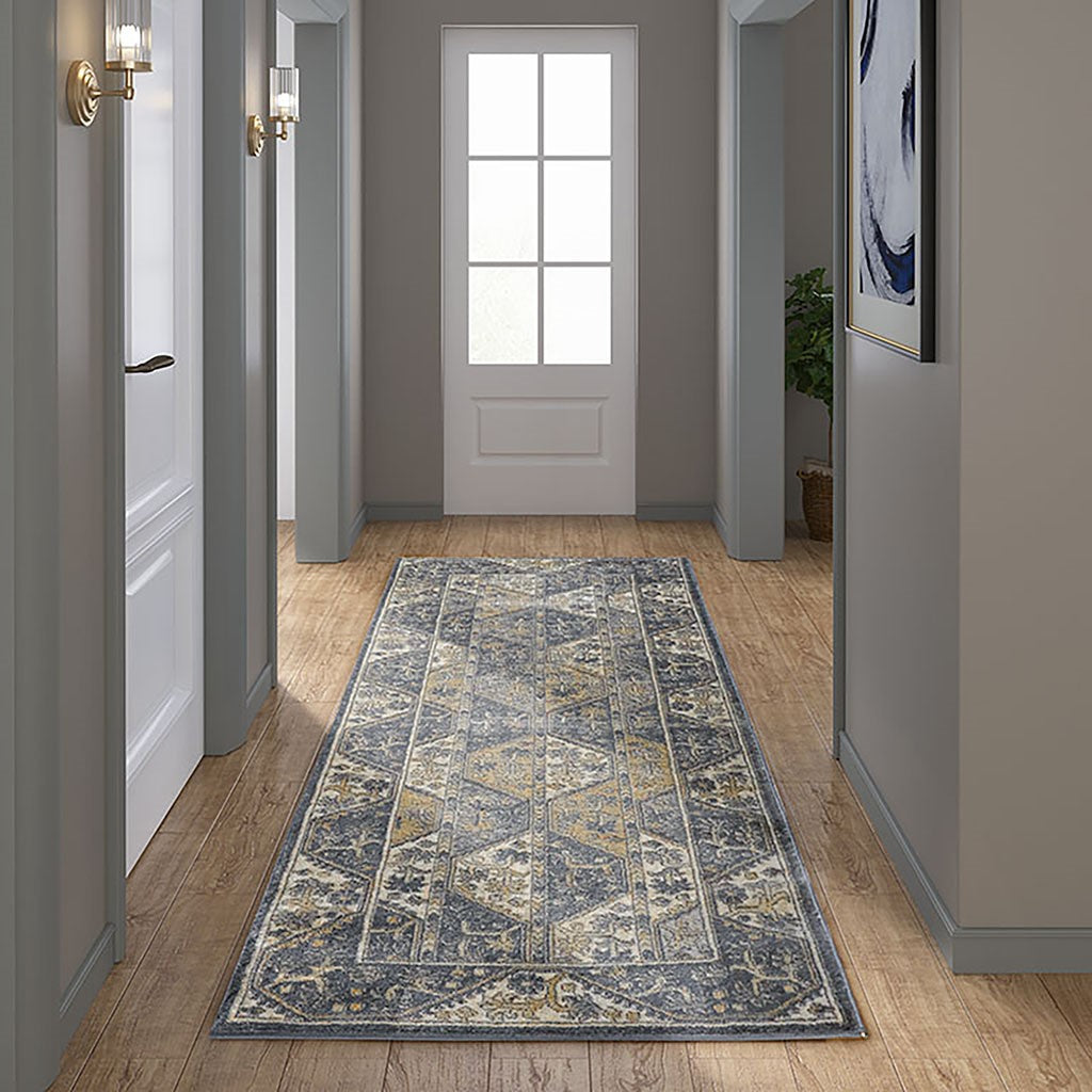 Madison Park Dakota Tiled Border Area Rug - Blue / Cream - 3x7' Runner