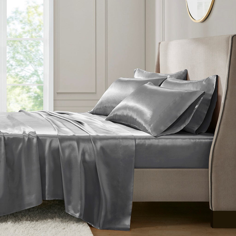 Satin Luxury 6 PC Sheet Set - Grey - Cal King Size