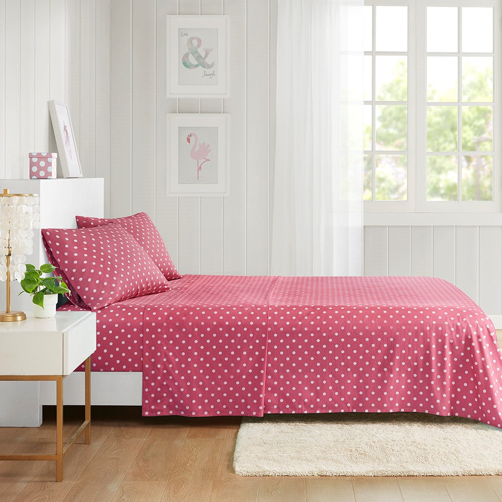 Mi Zone Polka Dot Printed 100% Cotton Sheet Set - Dark Pink - Twin Size