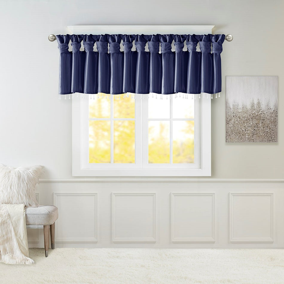 Madison Park Emilia Lightweight Faux Silk Valance With Beads - Navy - 50x26"