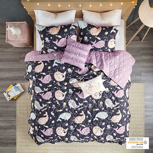 Urban Habitat Kids Magical Narwhals Cotton Reversible Coverlet Set - Purple Multi - Full Size / Queen Size