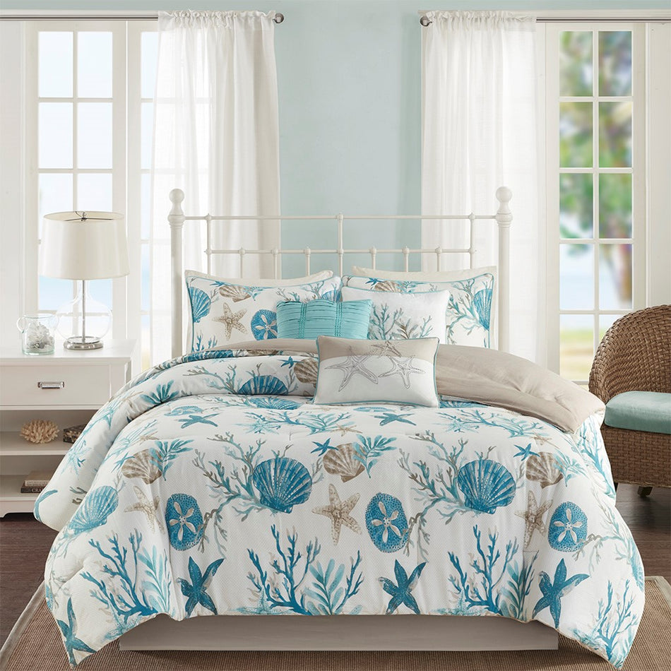 Pebble Beach 7 Piece Cotton Sateen Comforter Set - Aqua - Queen Size