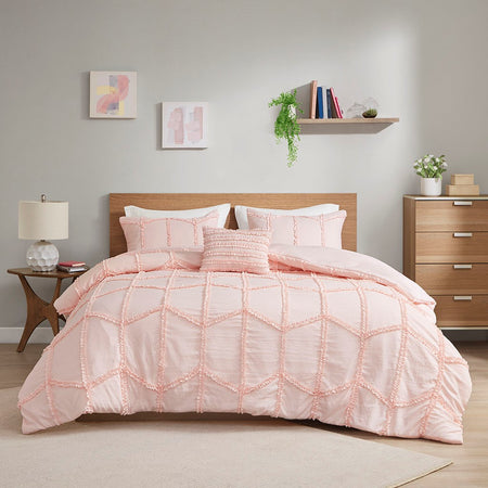 Intelligent Design  Jayla Ruffle Duvet Cover Set - Pink  - Full Size / Queen Size Shop Online & Save - expresshomedirectr.com