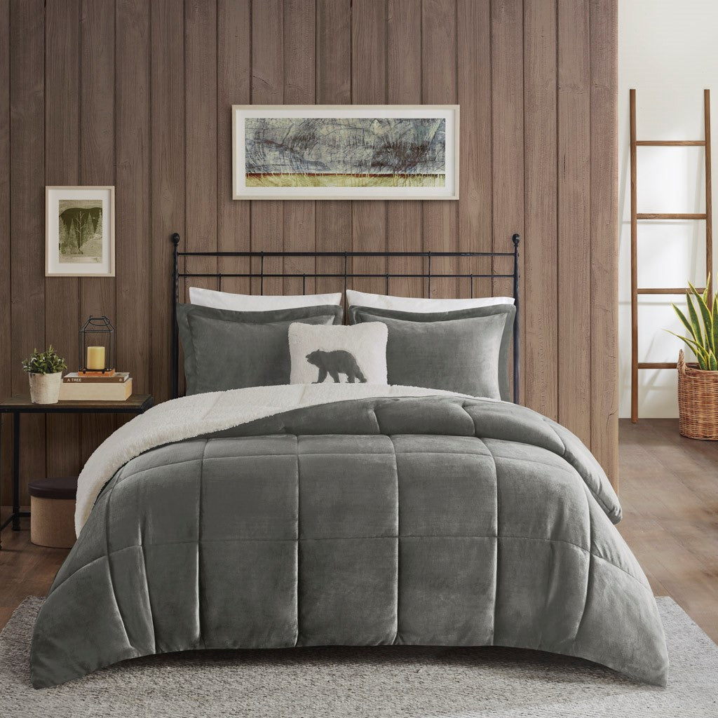 Woolrich Alton Plush to Sherpa Down Alternative Comforter Set - Charcoal / Ivory  - Full Size / Queen Size Shop Online & Save - expresshomedirectr.com