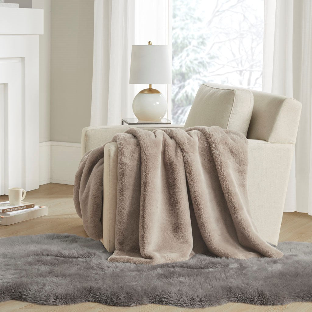 Madison Park Bristol Solid Premium Faux Fur Throw - Tan - 50x60"