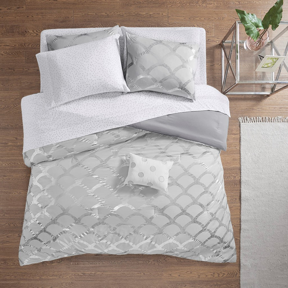 Lorna Metallic Comforter Set with Bed Sheets - Gray - Queen Size