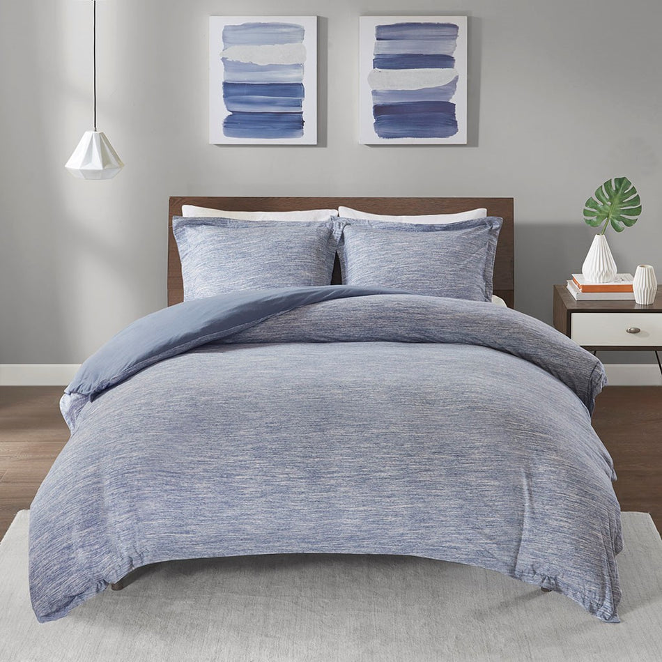 Space Dyed Melange Cotton Jersey Knit Duvet Cover Set - Blue - Full Size / Queen Size