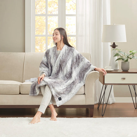 Beautyrest Zuri Faux Fur Heated Wrap with Built-in Controller - Grey  - 50x64" Shop Online & Save - expresshomedirectr.com