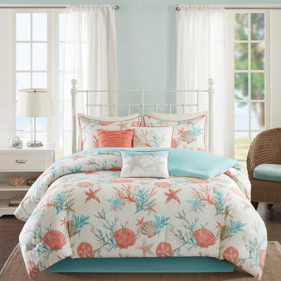 Pebble Beach 7 Piece Cotton Sateen Comforter Set - Coral - King Size