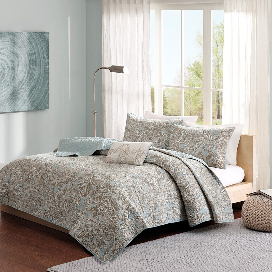 Madison Park Pure Ronan 4 Piece Cotton Quilt Set with Trhow Pillow - Blue - King Size / Cal King Size