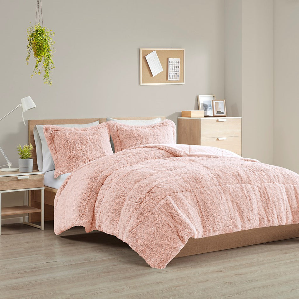 Intelligent Design Malea Shaggy Faux Fur Comforter Mini Set - Blush - King Size / Cal King Size