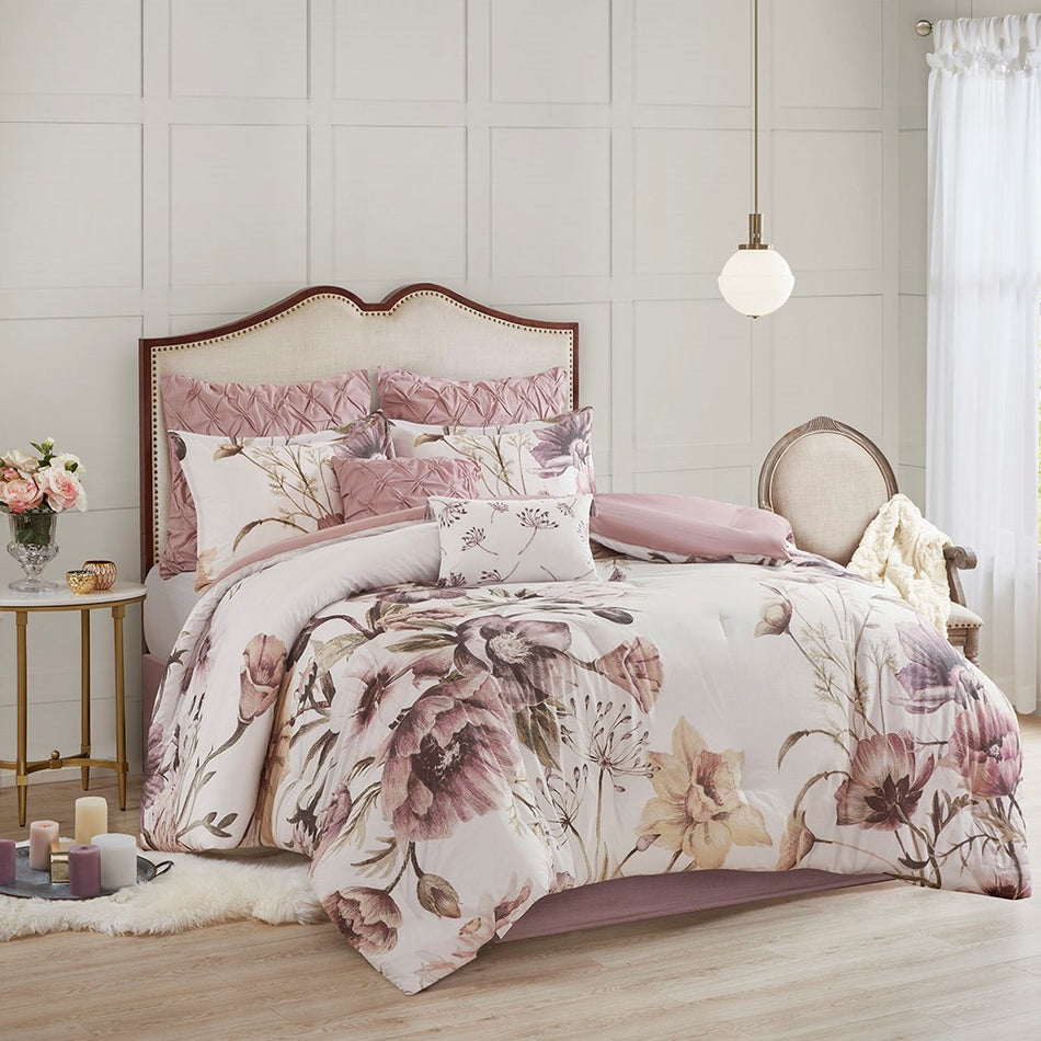 Cassandra 8 Piece Cotton Printed Comforter Set - Blush - King Size