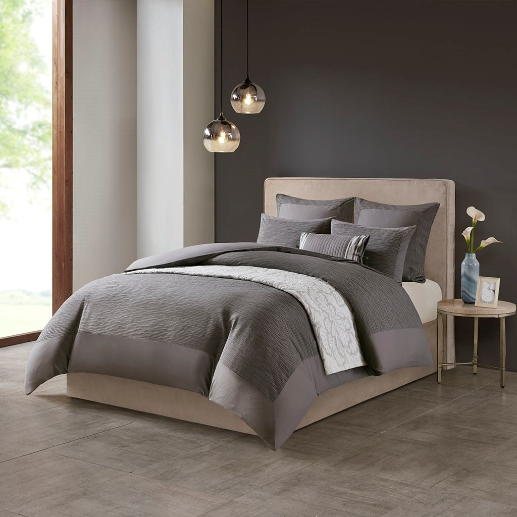 N Natori Hanae Cotton Blend Yarn Dyed 3 Piece Duvet Cover Set - Grey - Full Size / Queen Size