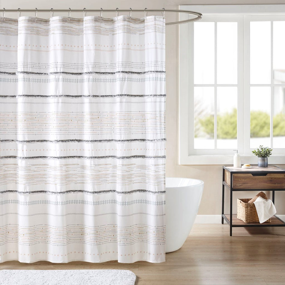 INK+IVY Nea Cotton Printed Shower Curtain with Trims - Off White / Gray  - 72x72" Shop Online & Save - expresshomedirectr.com