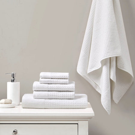 Madison Park Spa Waffle Cotton Waffle Jacquard Antimicrobial Bath Towel 6 Piece Set - White 